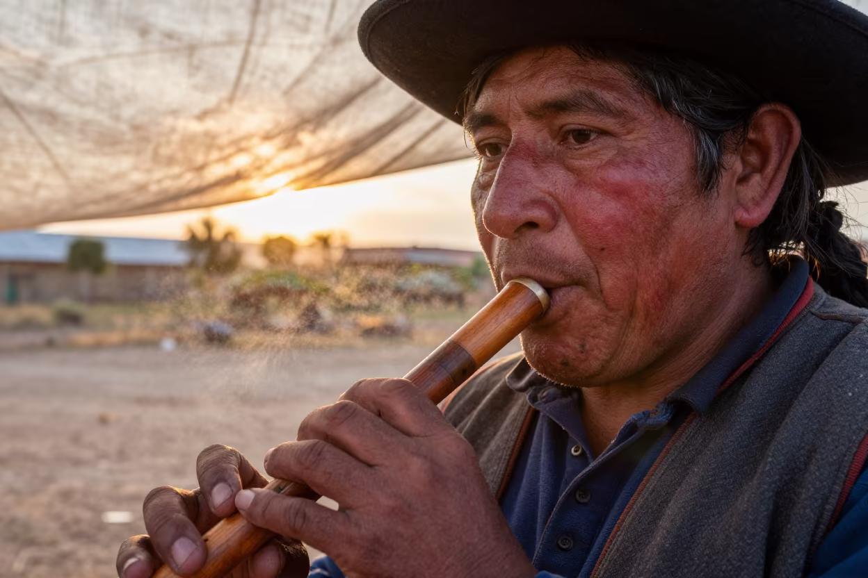 Andean Musician Quena Sunset Portrait Near Maroua in near Maroua