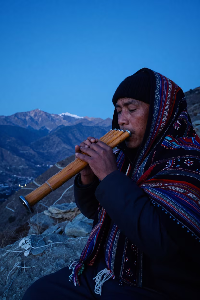 Andean Musician on Shimla Mountain Pass at Twilight in at a rocky saddle overlooking a mountain valley near Shimla