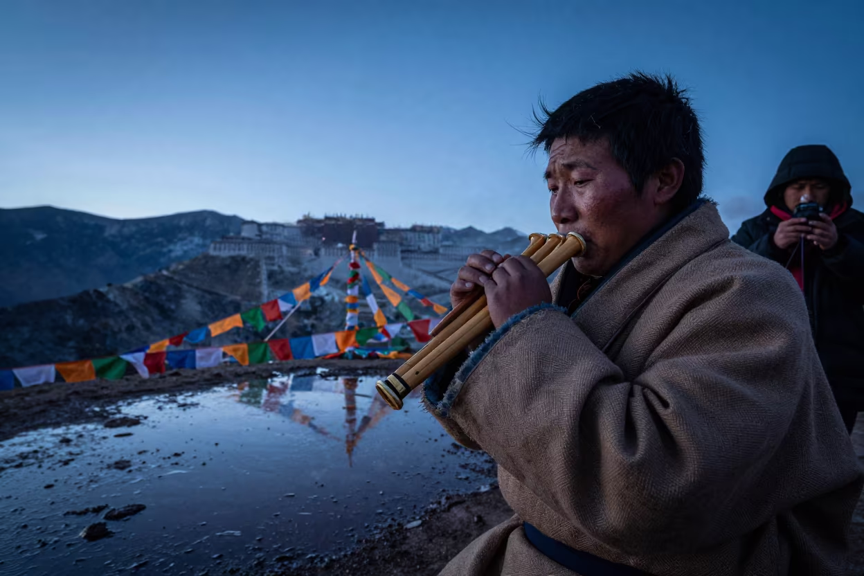 Andean Panpipe Musician on Lhasa Ridge in on a wind-cut ridge below prayer flag lines near Lhasa