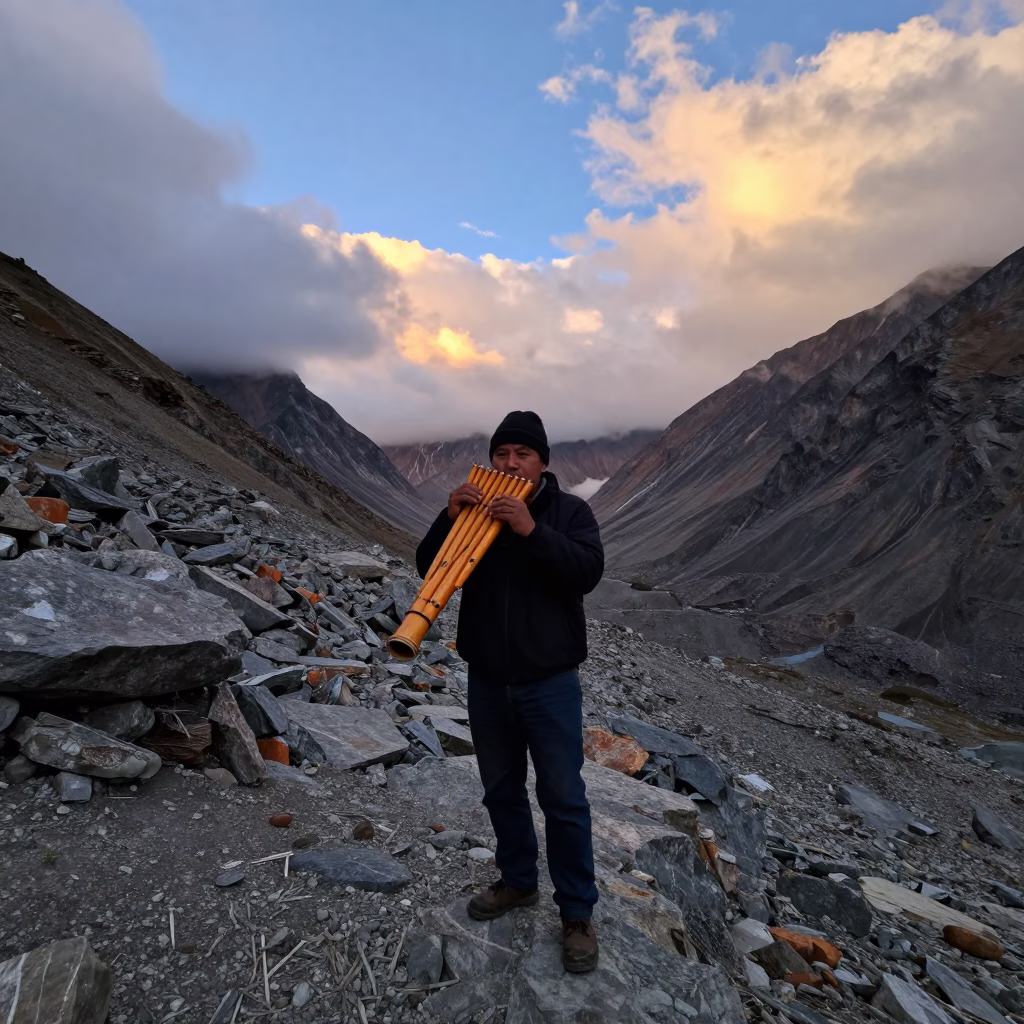 Andean Panpipe Musician on Mountain Pass in at a rocky saddle overlooking a mountain valley near Leh