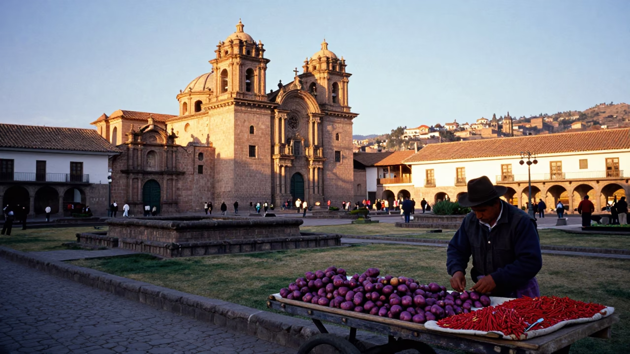 Andean Plaza just after sunrise in Cusco in in Cusco, Peru