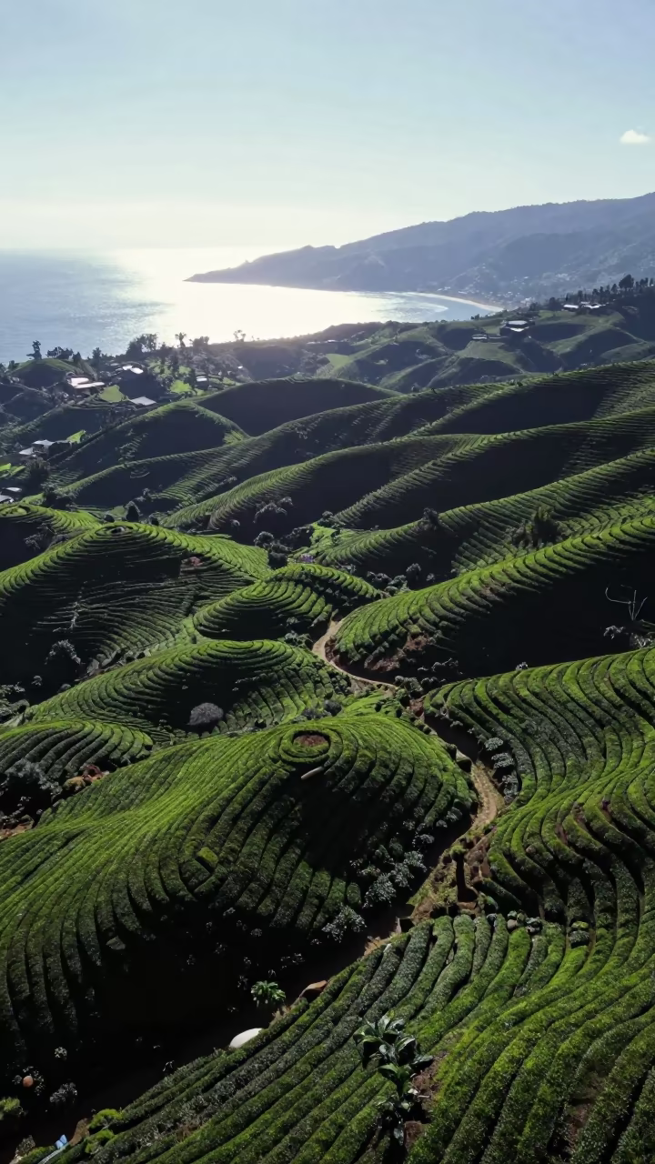 Andean Tea Terraces Aerial Coastal View in far above surf-scalloped coastline in the Andes