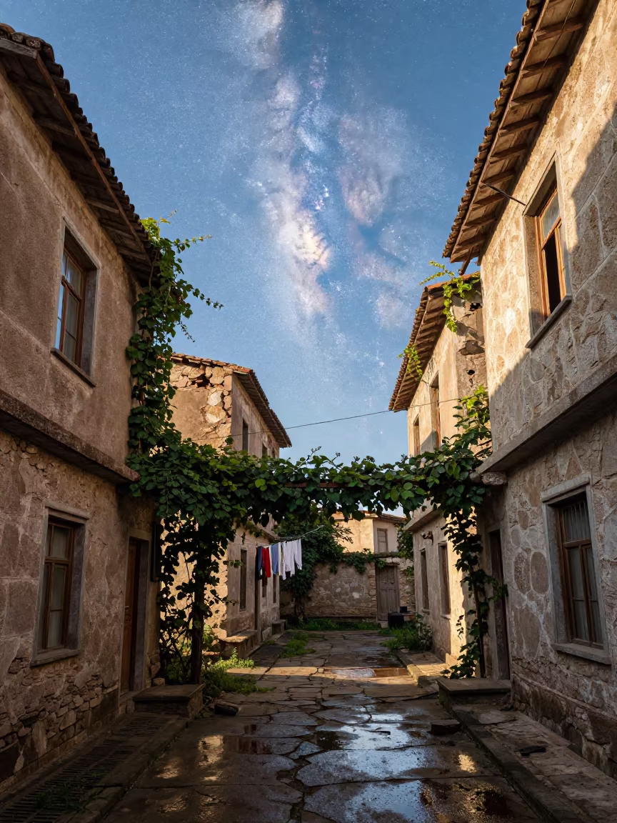 Andean Ruins with Milky Way in Daylight in along a vine-choked corridor in the Andes