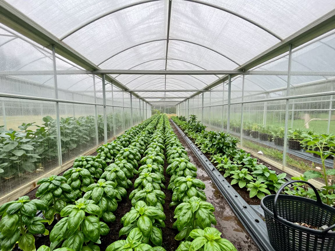 Andorran Greenhouse Basil Mint Morning Condensation in under translucent greenhouse roofing in Andorra