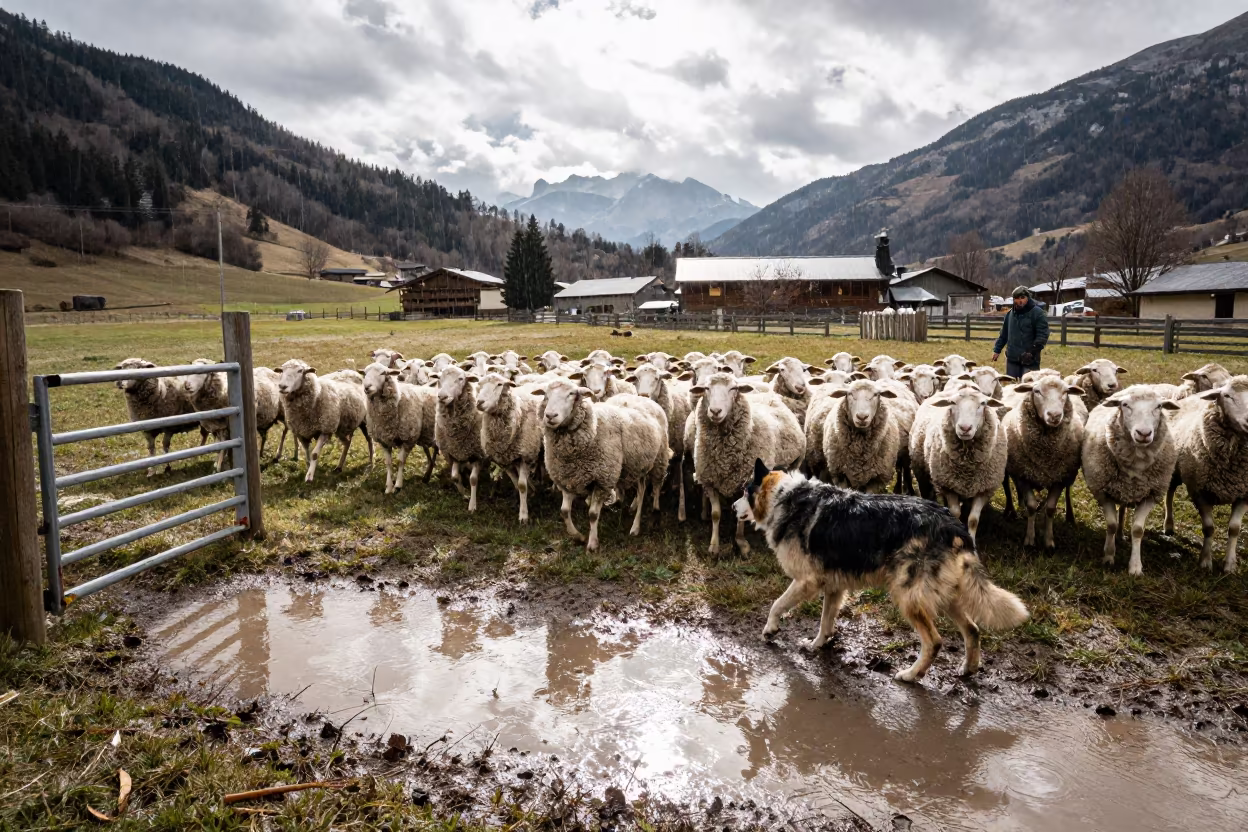 Andorran Sheepdog Trial Midday Sun Shower in beside a pasture gate in Andorra