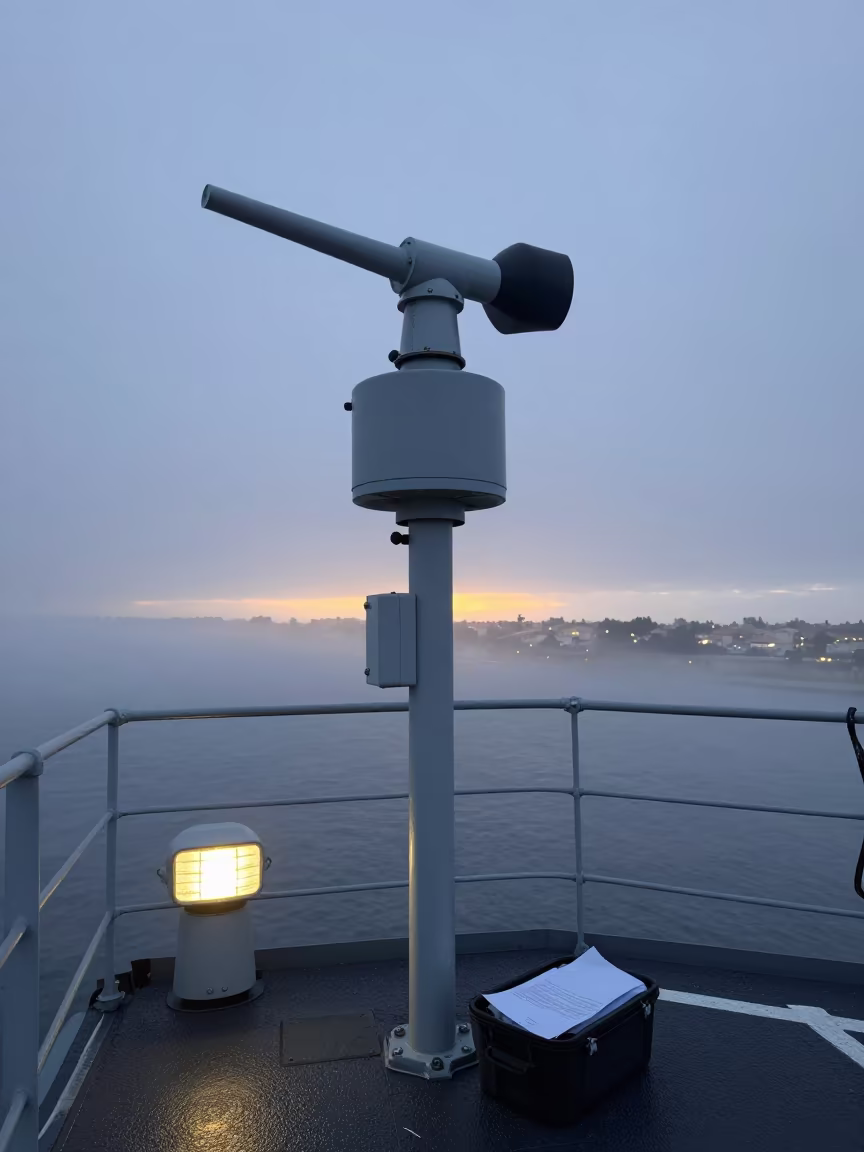 Anemometer Case on Rough Naval Deck at Twilight in on a naval deck in rough wind in Provence