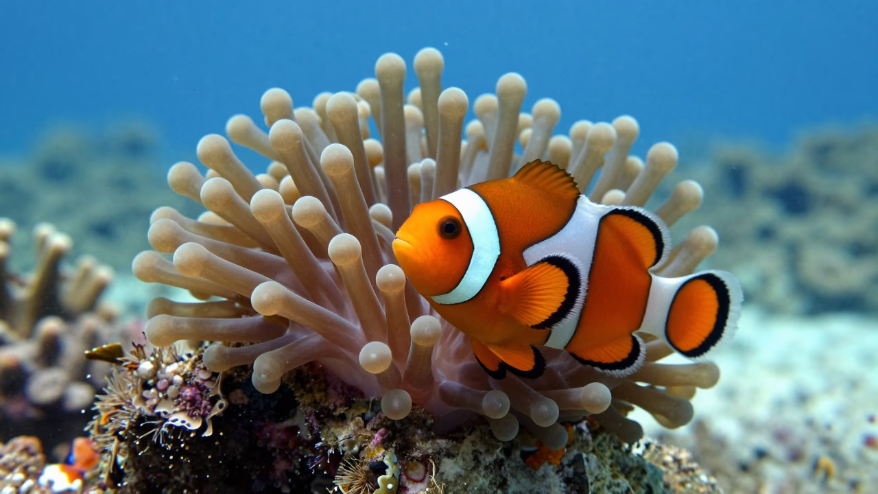 Anemonefish Guarding Eggs on Reef Rock in along a coral wall with blue water beyond near Stone Town