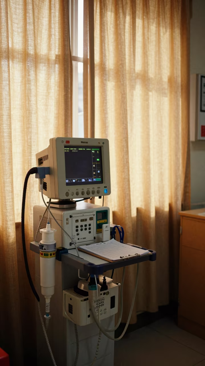 Anesthesia Machine Check at Nurse Station Ghaziabad in at a nurse station under monitor glow in Ghaziabad