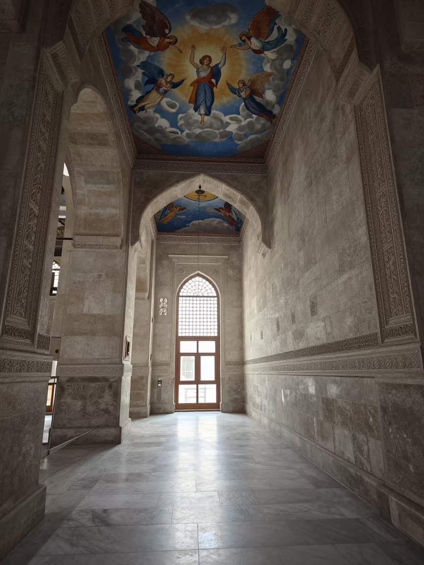 Angels Ascending Fresco in Mecca Monastery Corridor in along a monastery corridor in Mecca