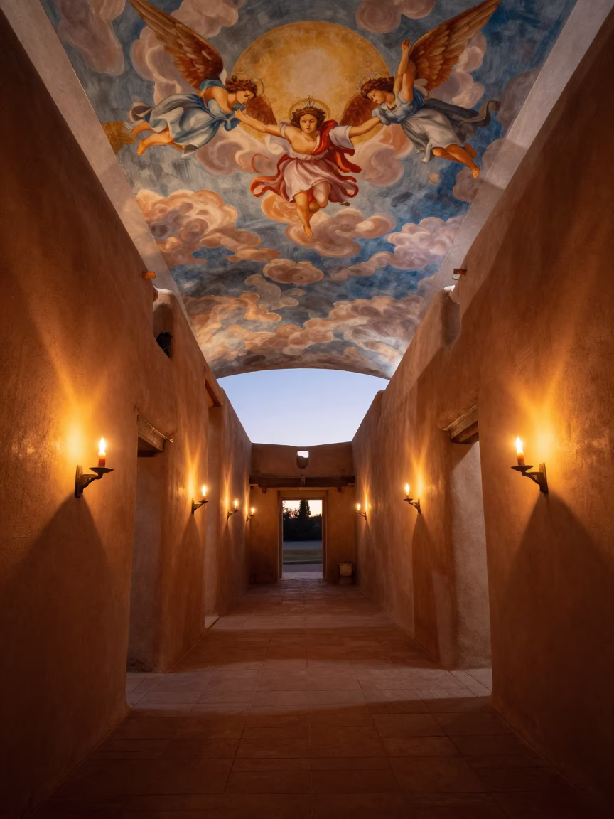 Angels Ascending in Sunset Candlelight in along a monastery corridor in Albuquerque