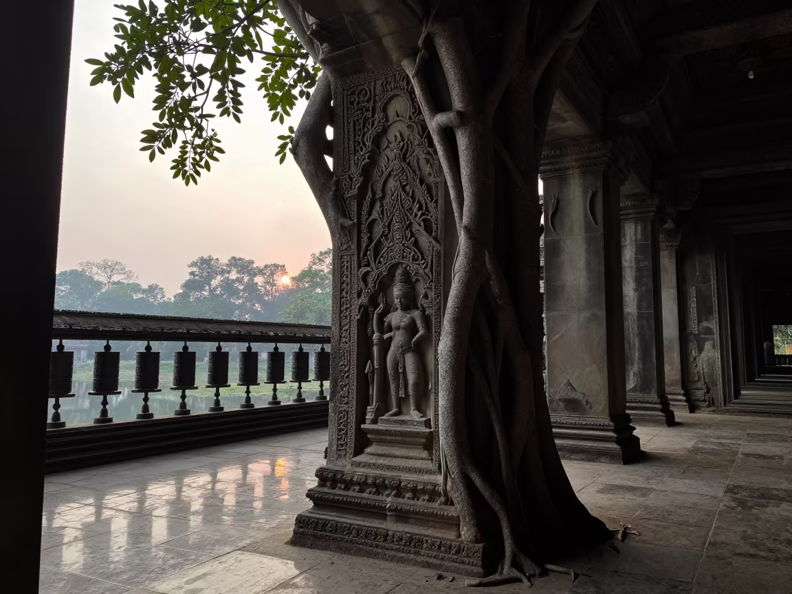 Angkor Temple Roots Engulf Stone Corridor Haikou in beside a prayer wheel corridor in Haikou