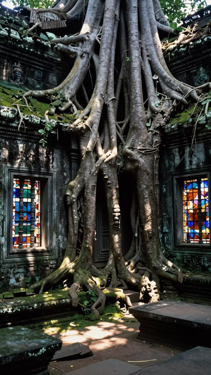 Angkor Temple Roots Engulf Stone in Siem Reap Chapel in in a chapel lit by stained glass in Siem Reap