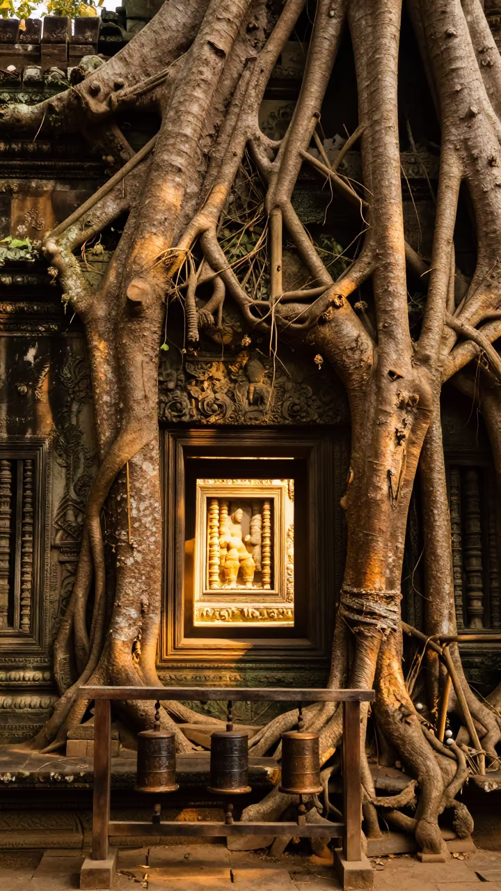 Angkor Temple Tree Roots Golden Hour Light in beside a prayer wheel corridor in Siem Reap