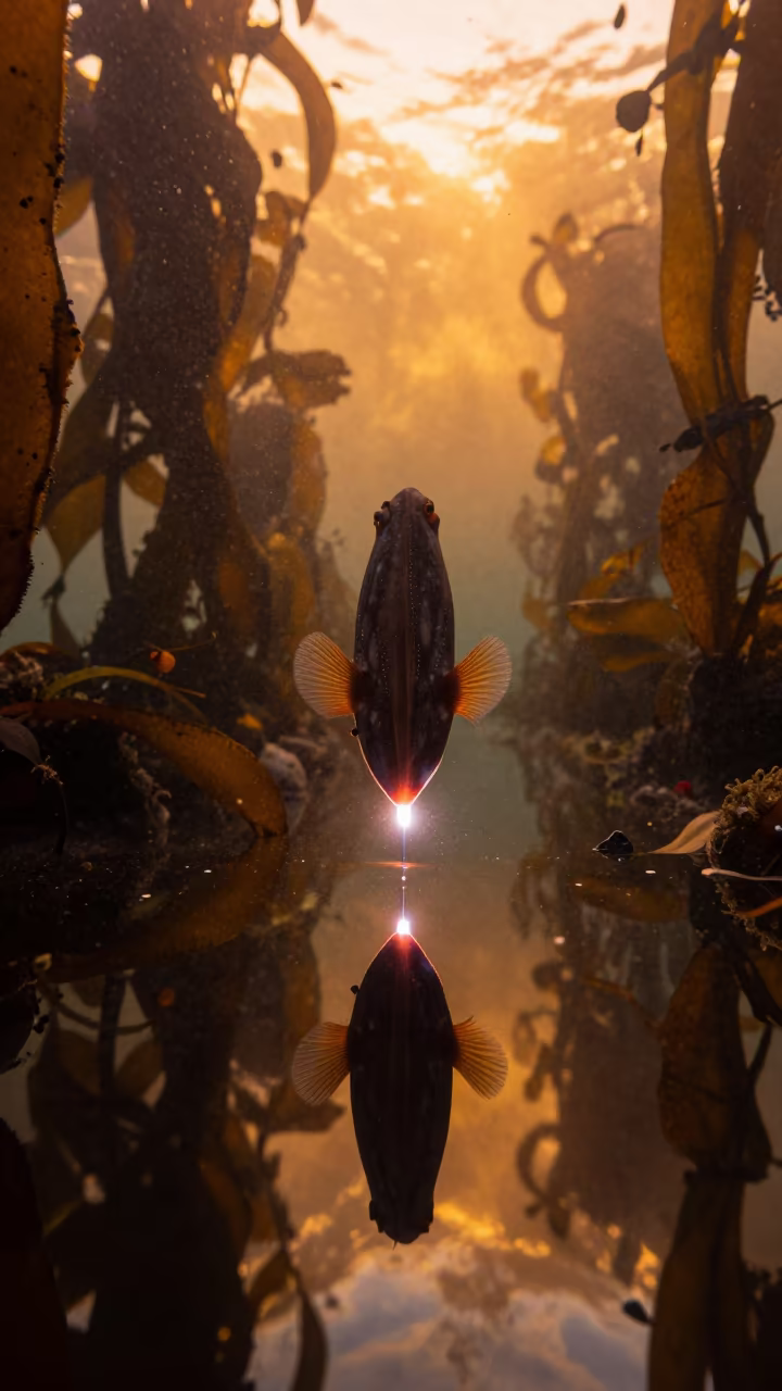 Anglerfish in Amber Kelp Forest Reflection in through a forest of kelp fronds in Florida