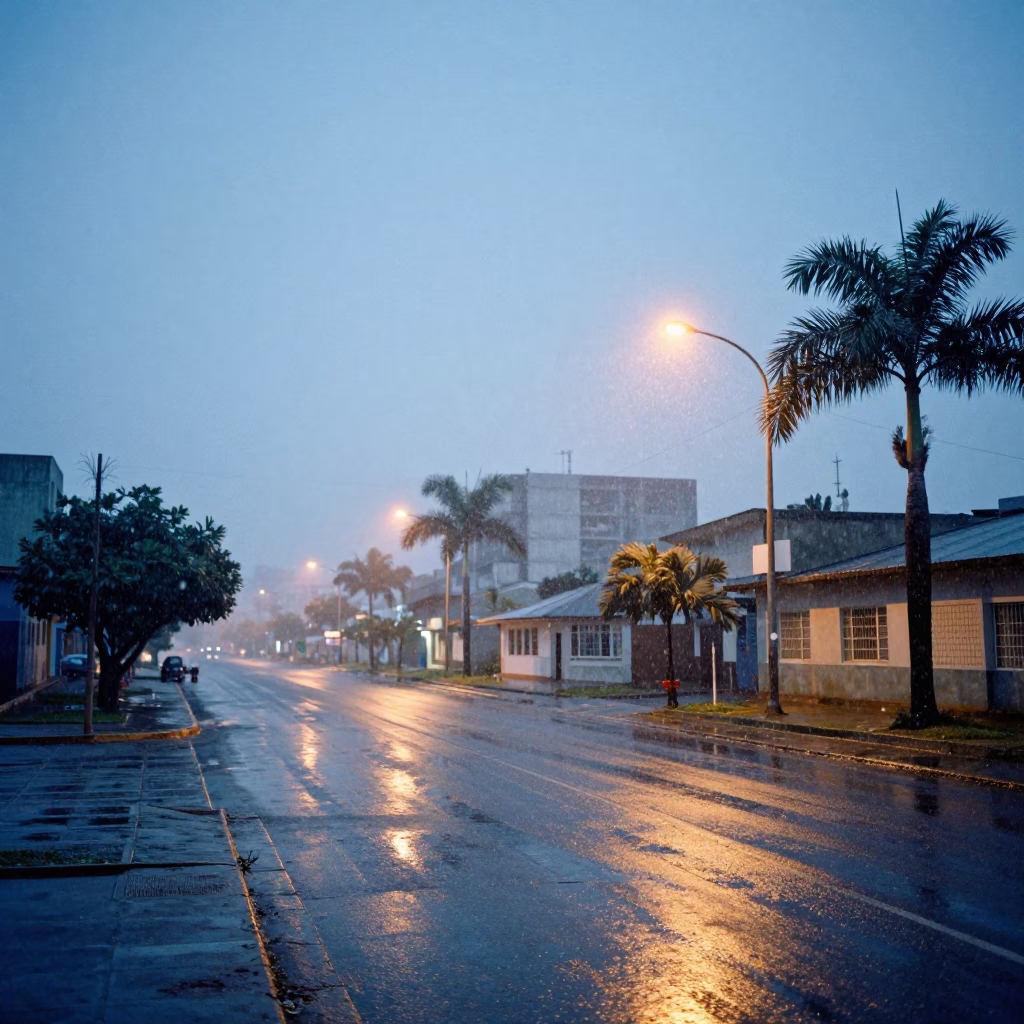 Angolan City Street Snowfall Twilight Mist in across a storm-bright plain in Angola