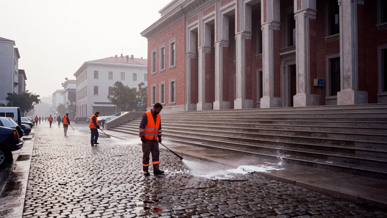 Ankara Crew Sprays Soap on Fish Market Steps Dawn in on the steps of city hall in Ankara