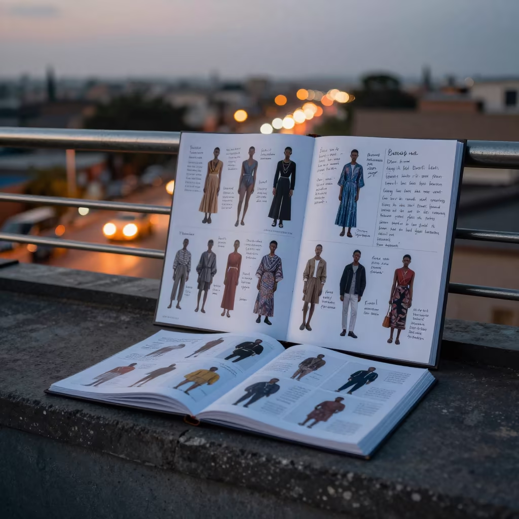 Annotated Fashion Board on Bamako Rooftop in on a rooftop above evening traffic near Bamako