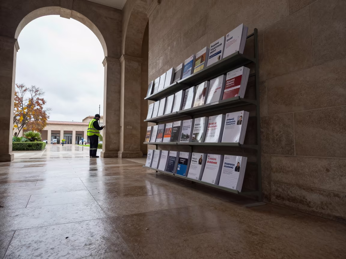 Annual Report Shelf in Ensenada Atrium Late Morning in inside a vaulted atrium in Ensenada