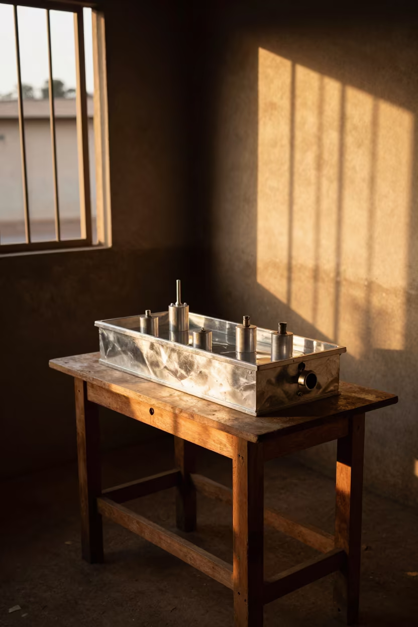 Anodizing Tank on Desk at Nairobi Sunset in on a writing desk near Kibera, Nairobi