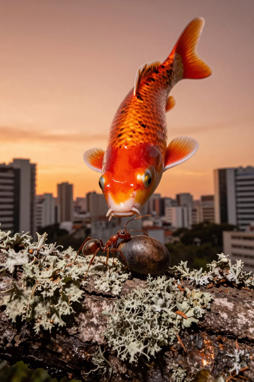 Ant Carries Giant Seed Near Surreal Koi in on lichen-covered bark near Belo Horizonte