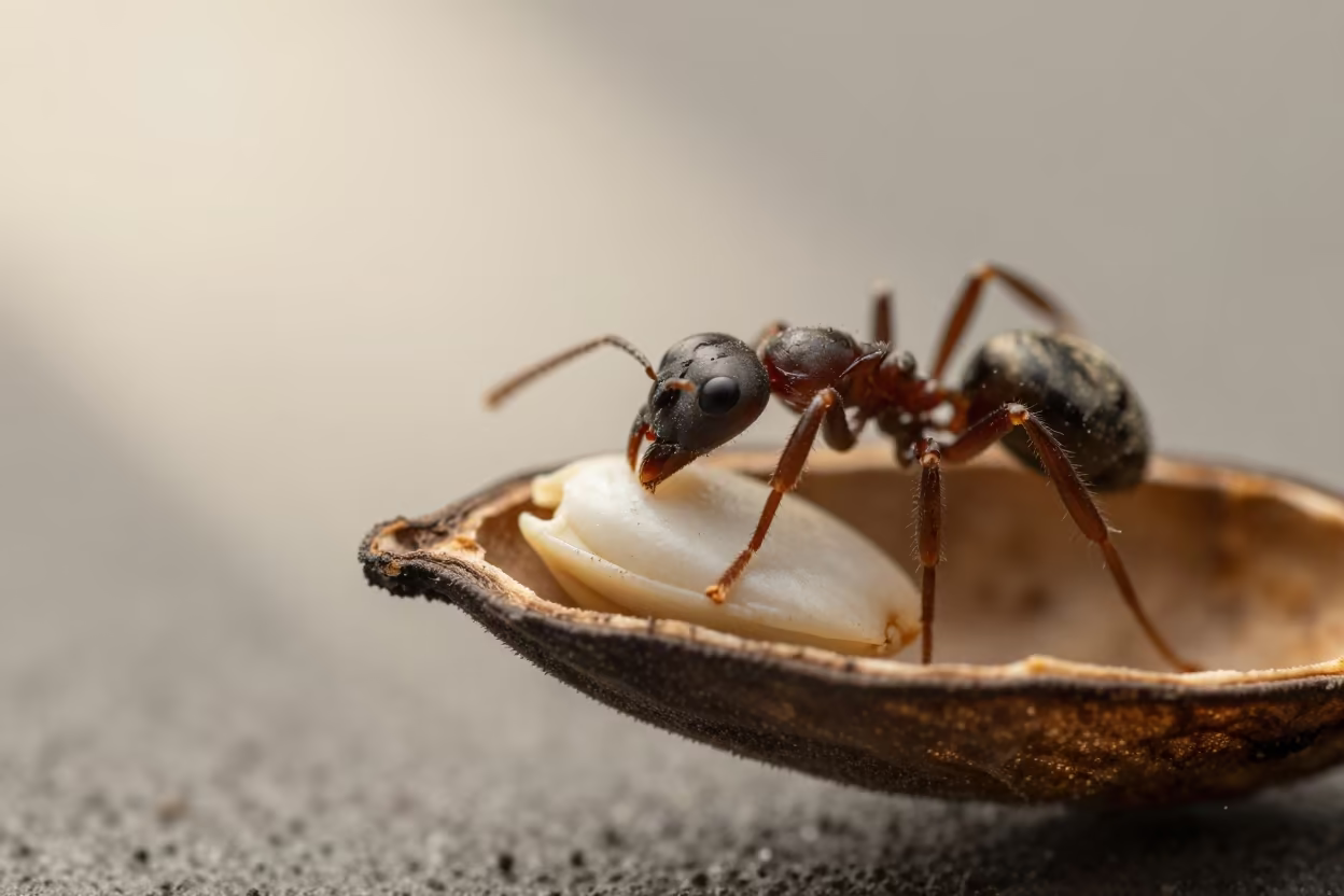 Ant Carrying Seed Inside Split Pod in inside a seed pod split open near Brisbane