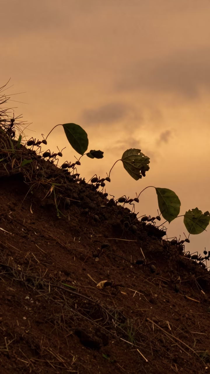 Ant Colony Silhouetted Against Amber Sunset in on a wind-scoured ridge near Yaritagua
