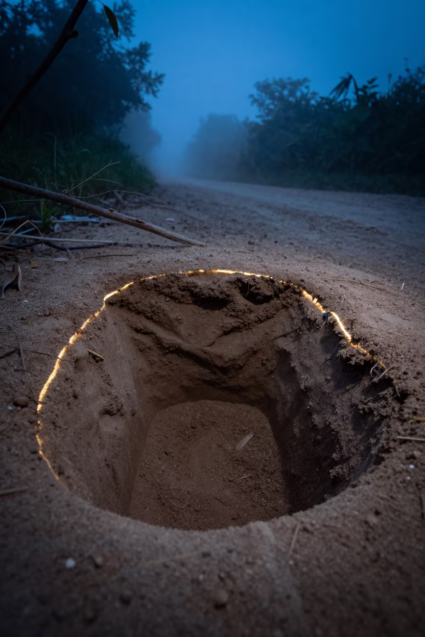 Ant Lion Pit Misty Evening Shadow in along a game trail near Cholon, Ho Chi Minh City