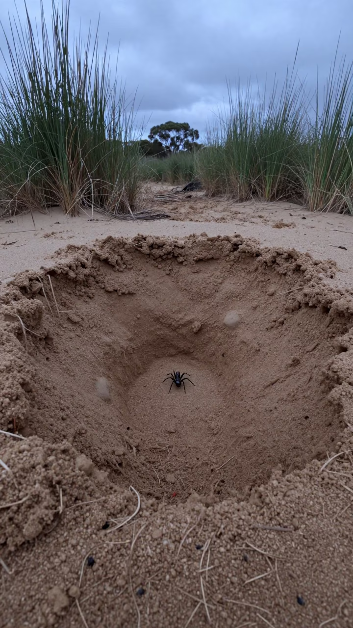 Ant Lion Pit in Sand at Blue Hour Twilight in at the edge of a reed bed near Adelaide