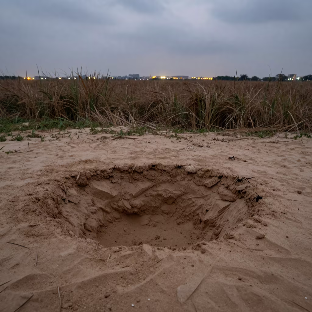 Ant Lion Pit in Sand at Dusk Near Can Tho in at the edge of a reed bed near Can Tho