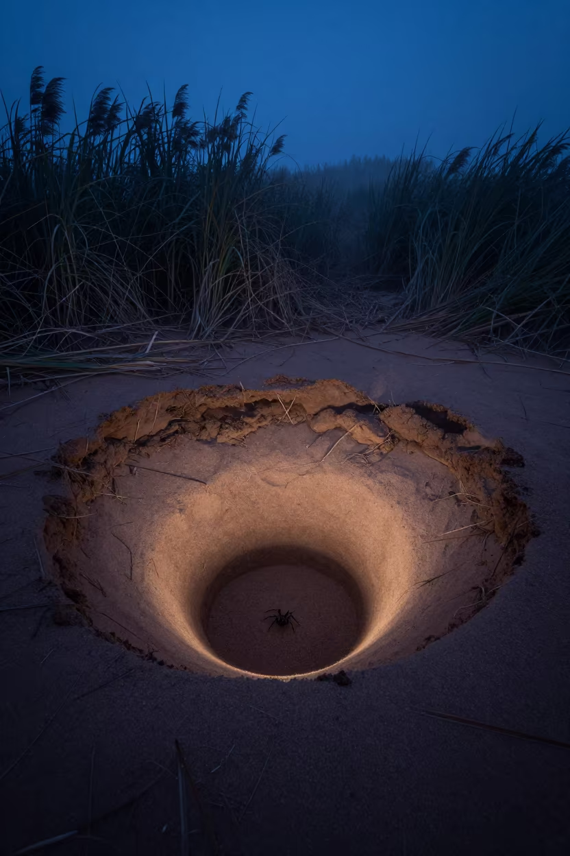 Ant Lion Pit in Sand at Midnight in at the edge of a reed bed in Prince Edward Island