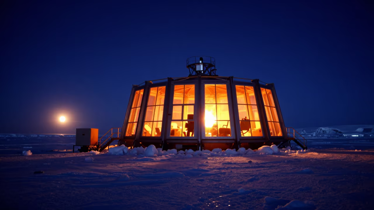 Antarctic Research Station Under Polar Night Sky in in Alberta