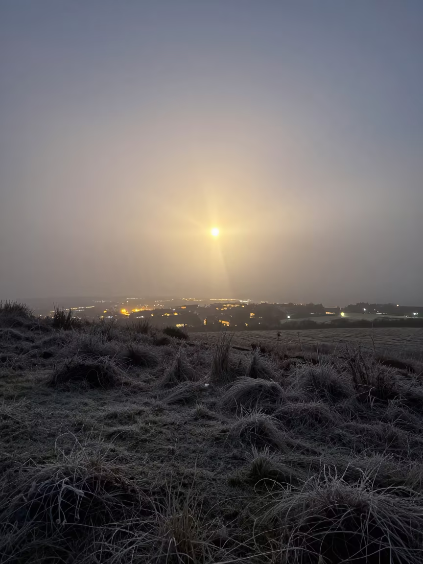 Anti-Crepuscular Rays Through English Fog at Dusk in through low marine fog in England