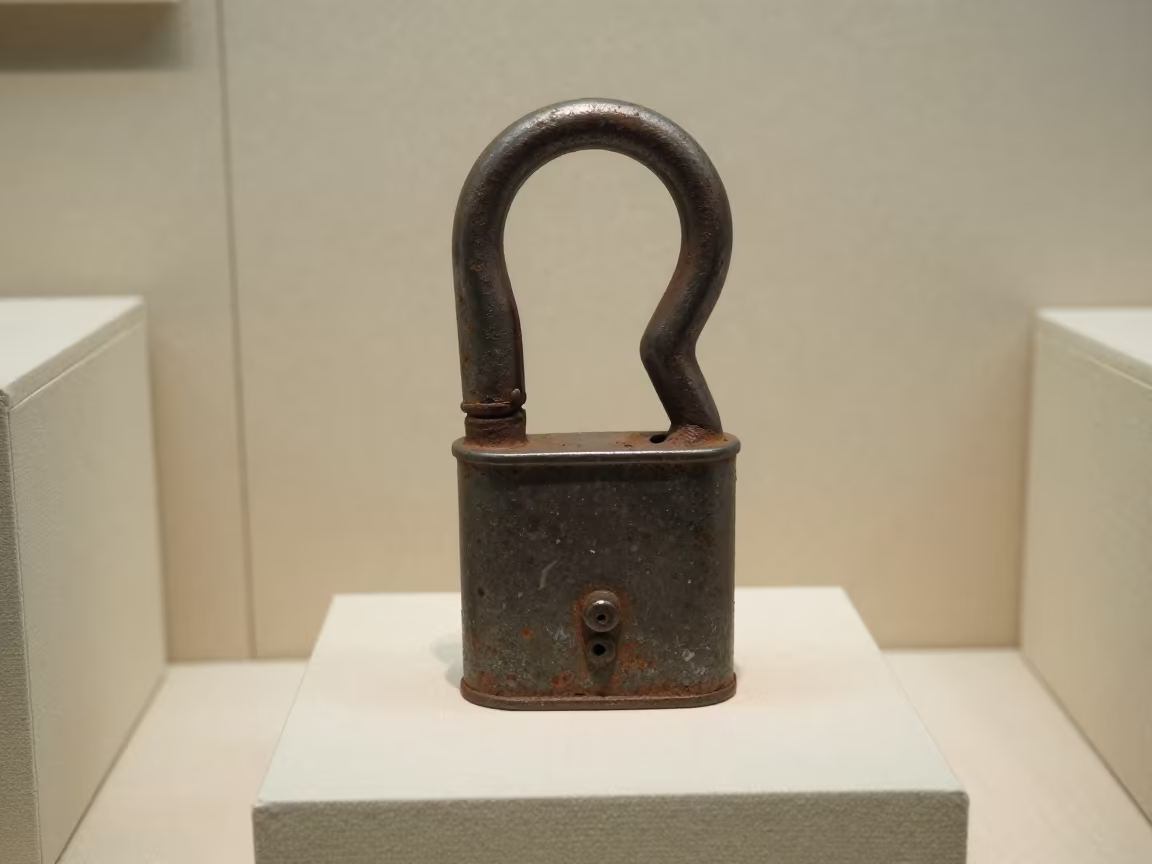 Anti-Sweep Hook Lock Tin on Museum Plinth in on a museum plinth in Yulin, Chengdu