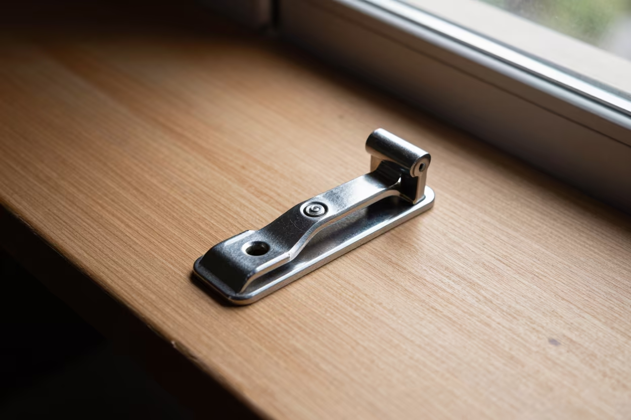 Anti-Sweep Hook Lock Tin on São Paulo Bench in on a wooden workbench in São Paulo