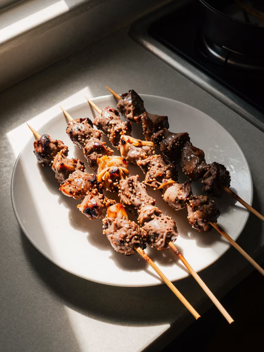 Anticuchos Skewers on Kitchen Counter Thessaloniki in on a kitchen worktop in Thessaloniki