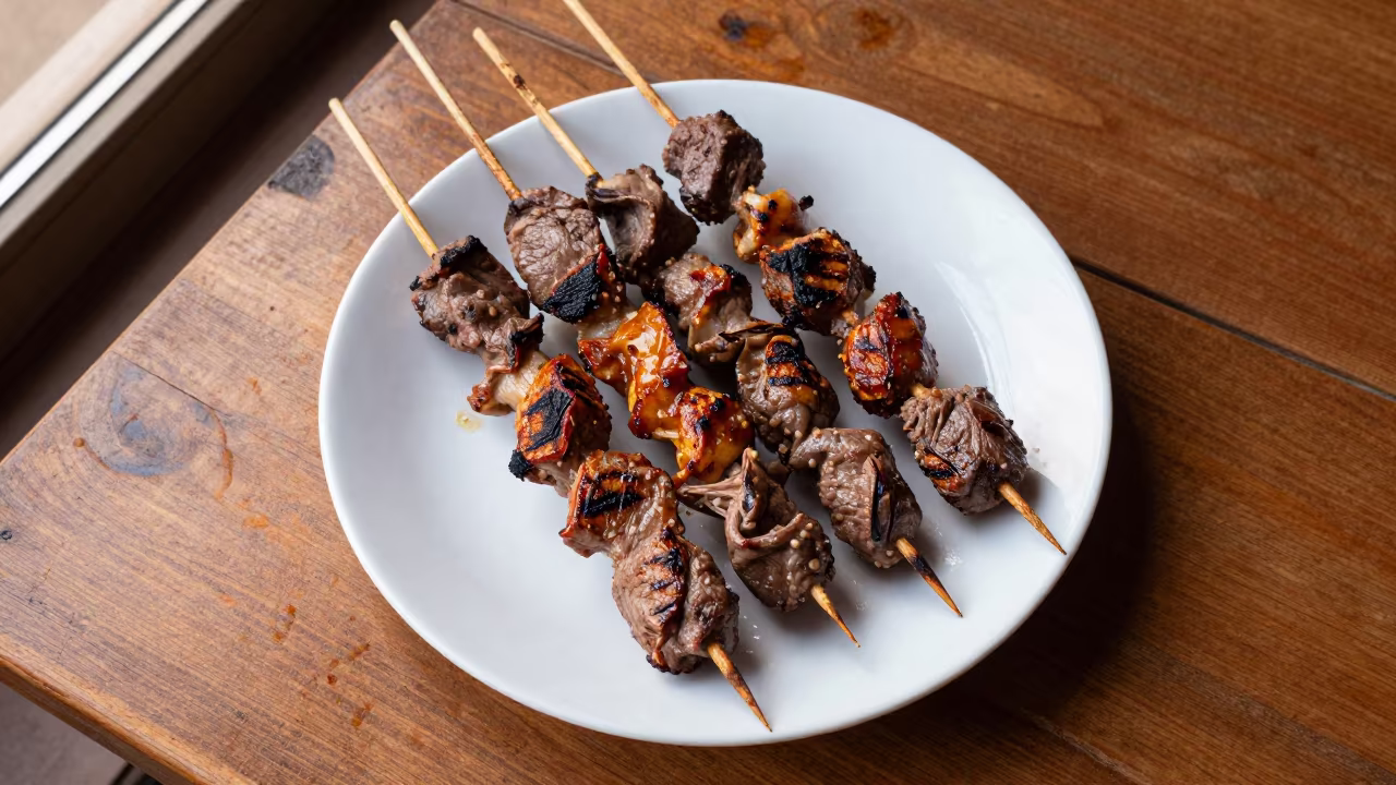Anticuchos Skewers on Rustic Table in on a rustic wooden table in Pretoria