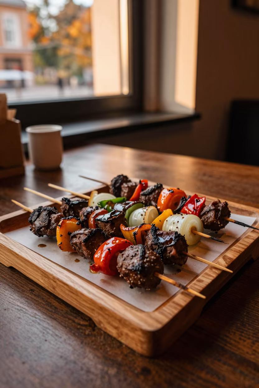 Anticuchos Skewers on Tea House Tray at Sunset in on a tea house tray in Lodz