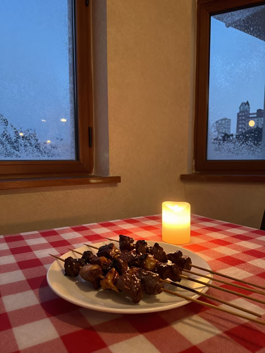 Anticuchos on skewers at winter twilight in on a picnic blanket in Qingdao