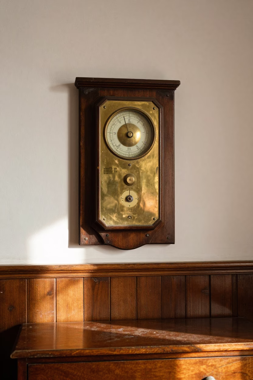 Weathered Antique Barometer on Hotel Dresser in Aksaray in on a hotel dresser in Aksaray