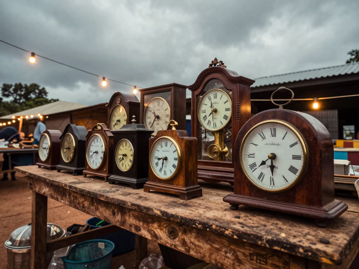 Antique Clocks on Kumasi Market Table in at a market stall in Kumasi