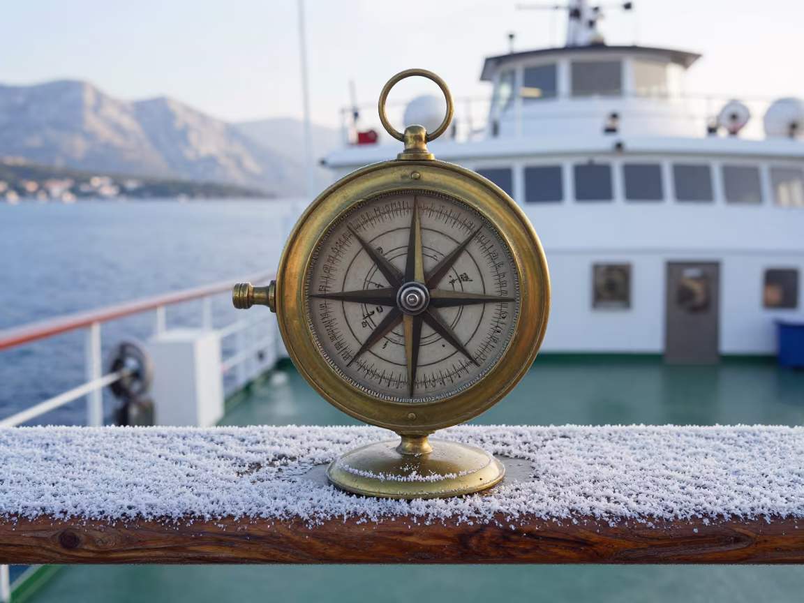 Antique Compass on Ferry at Night in across a remote ferry crossing in the Dalmatian Coast