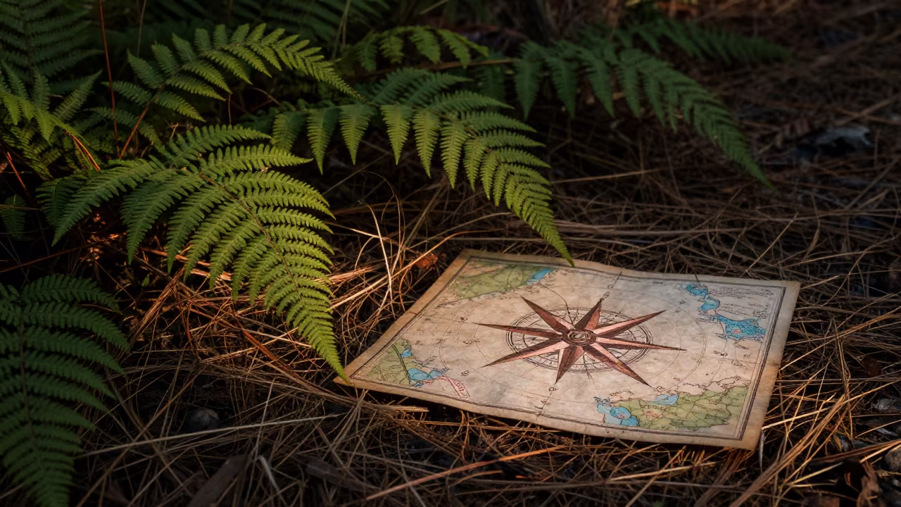 Antique Compass Rose on Fern Forest Floor in on a fern-lined forest floor near Sangli