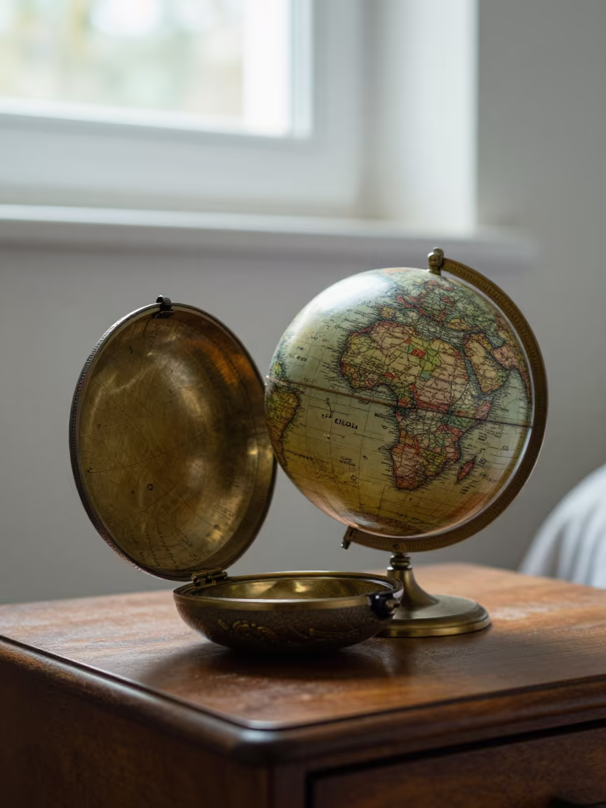 Antique Globe in Sharkskin Case on Desk in on a bedside table in Gabela