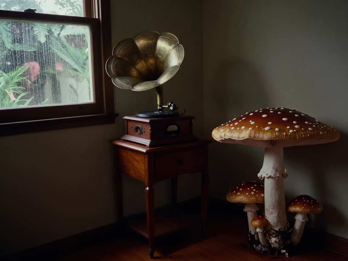 Antique Gramophone With Giant Mushrooms at Night in on a bedside table in Isla Margarita