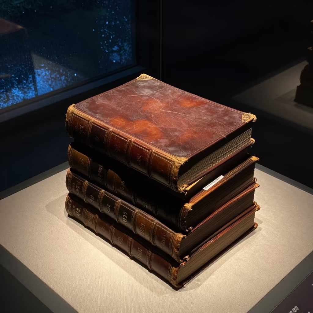 Antique Leather Books on Museum Plinth in on a museum plinth in Haizhu, Guangzhou