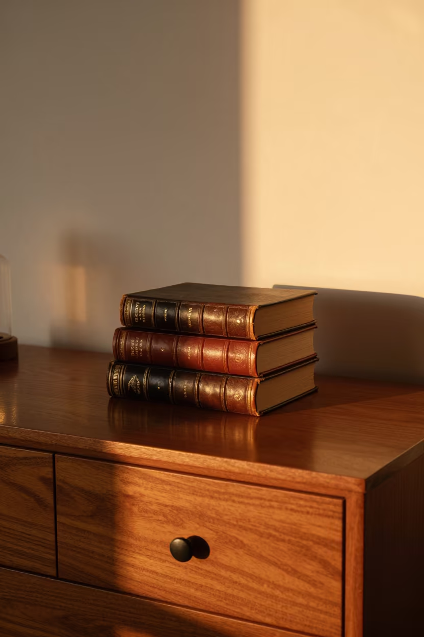 Antique Leather Books on Ulsan Hotel Dresser at Sunset in on a hotel dresser in Ulsan