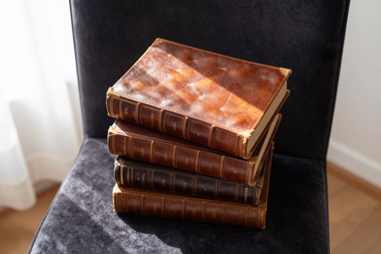 Antique Leather Books on Velvet Chair Tokyo in on a velvet chair near Tokyo