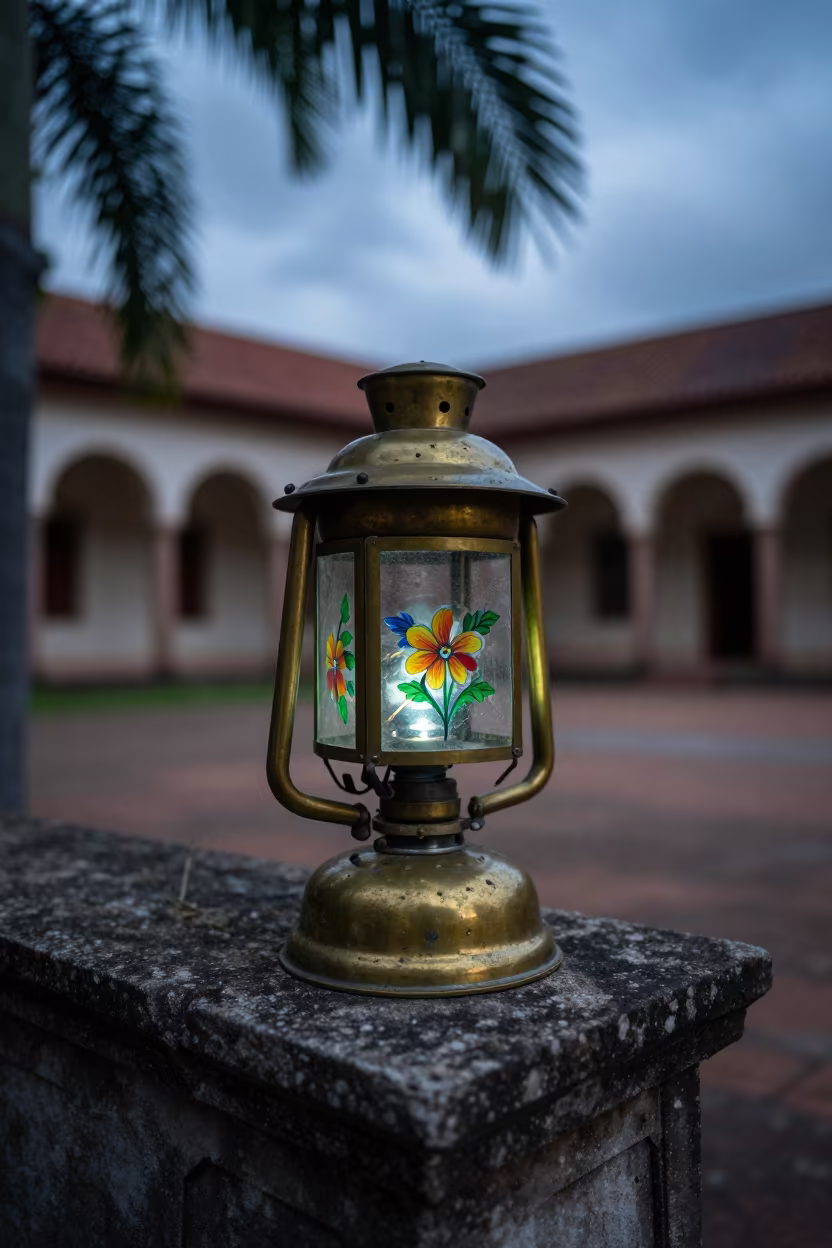 Antique Magic Lantern in Temple Courtyard Evening in in a temple courtyard in Campinas