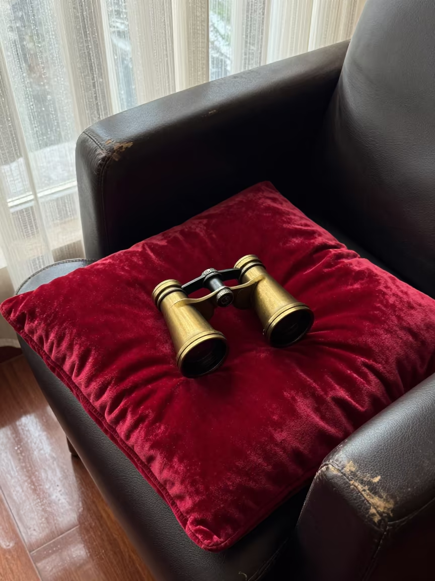 Antique Opera Glasses on Leather Chair in on a worn leather armchair in Guatemala City