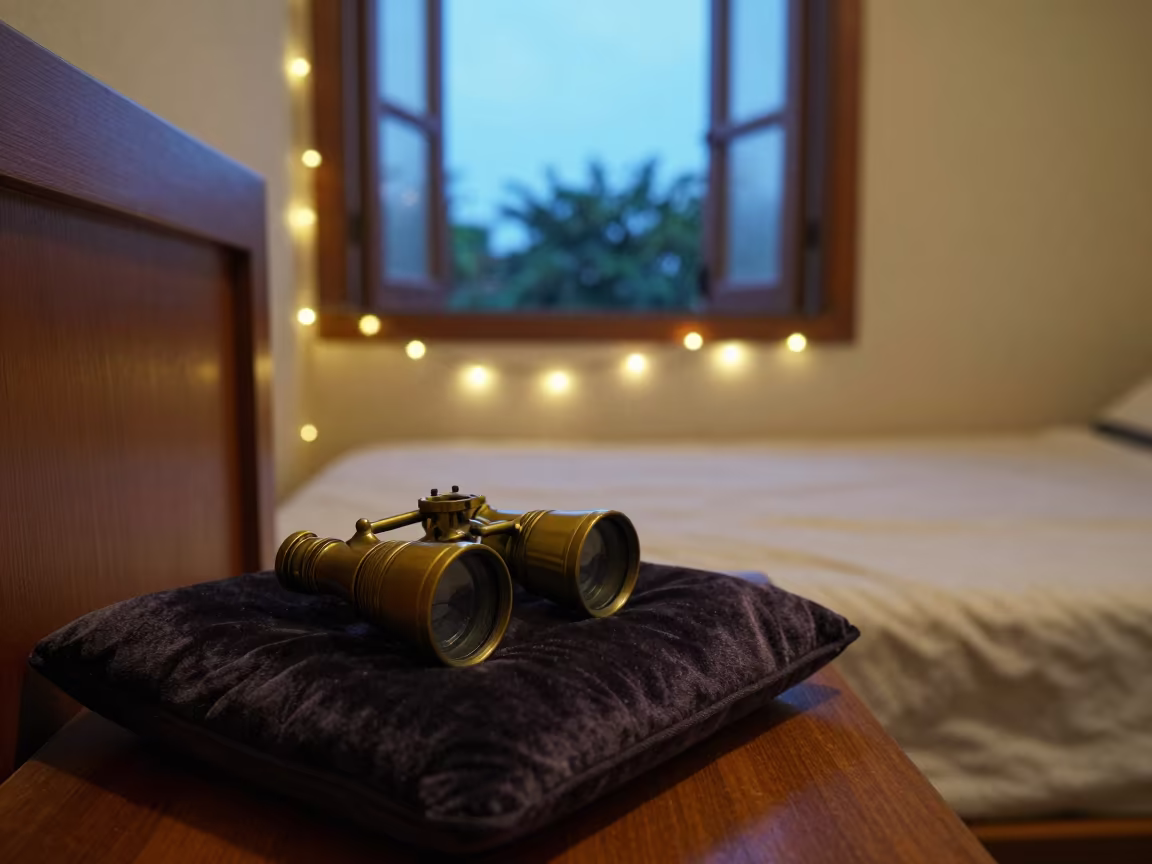Antique Opera Glasses on Velvet in Candlelit Sylhet Bedroom in in a candlelit bedroom near Sylhet